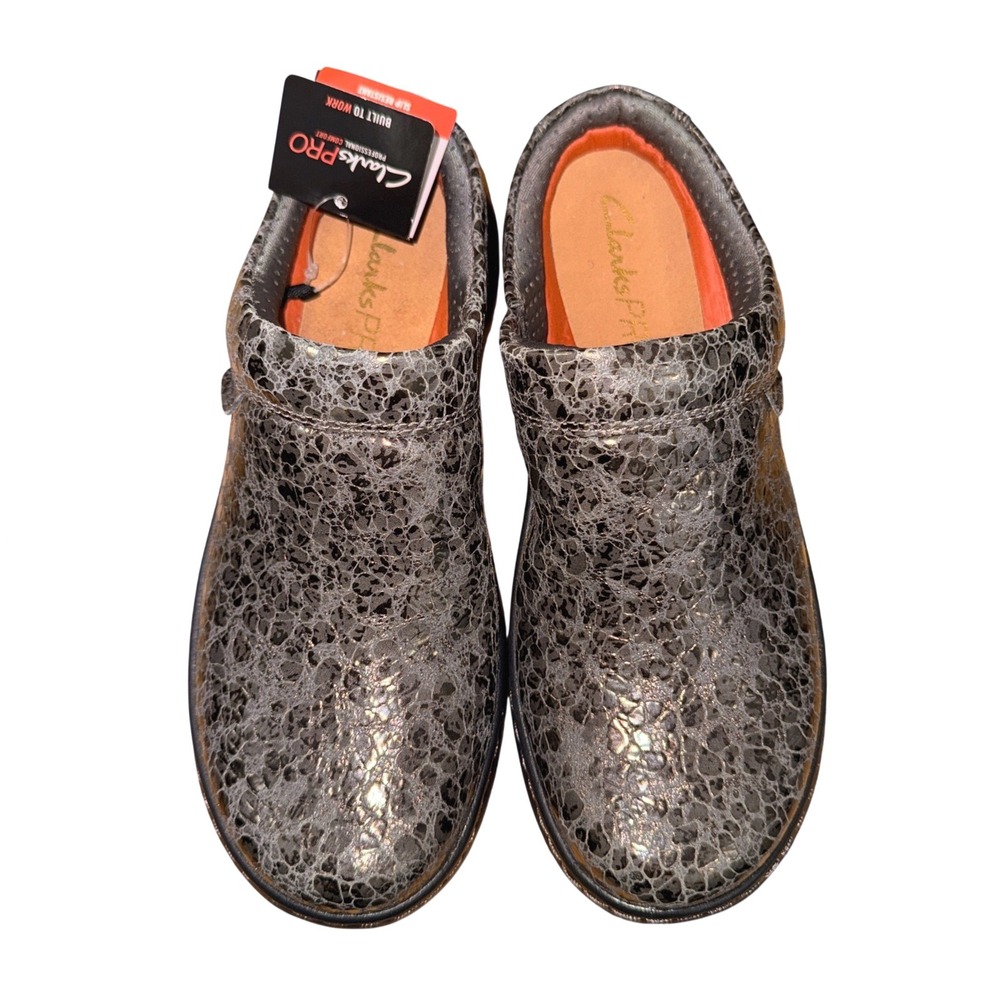 NEW Clarks ClarksPRO Clog Women 6M Clog Gunmetal Metallic Slip Resistant Leather